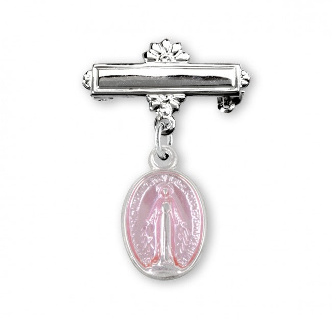Pink Enameled Oval Sterling Silver Baby Miraculous Baby Medal on a Bar Pin