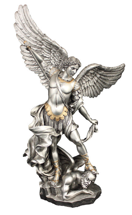 A Veronese St. Michael statue in a pewter style finish with golden highlights, 14.5".
