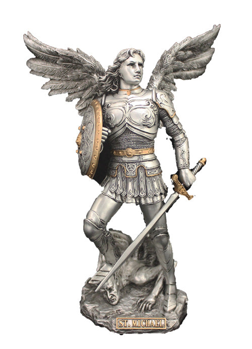 A Veronese Archangel Michael statue in a pewter style finish with golden highlights, 9".
