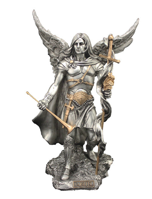 A Veronese Archangel Gabriel statue in a pewter style finish with gold highlights, 9".