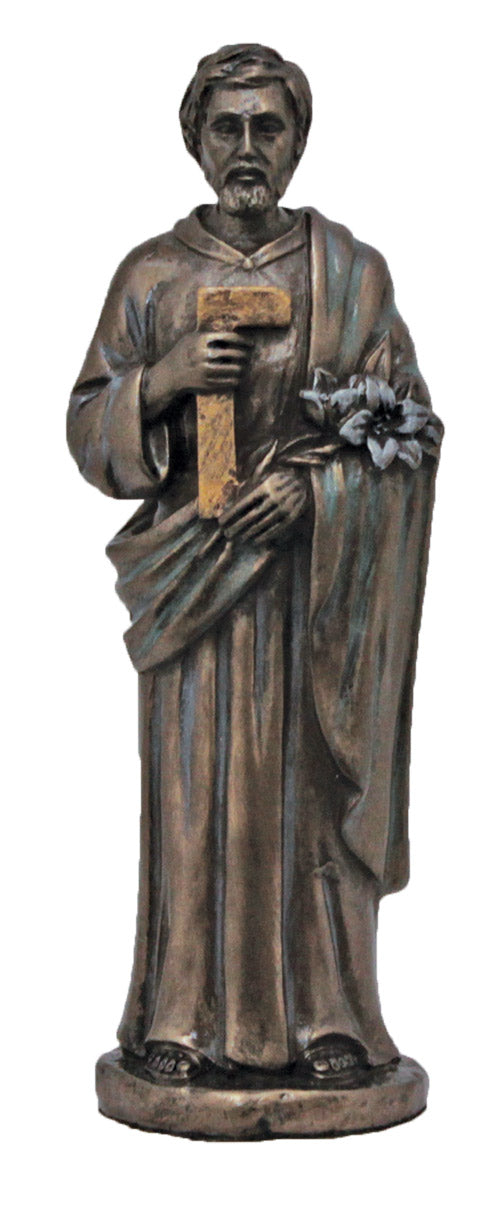 A St. Joseph the worker statue in lightly hand-painted cold cast bronze, 5".