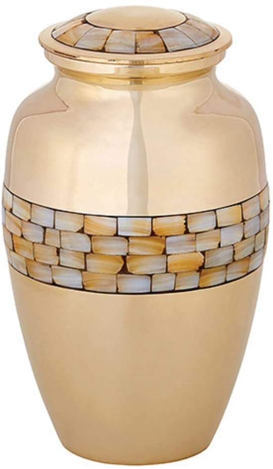 Brass Memorial Urn with Bright Finish and Simulated Mother of Pearl Inlay - 10 1/2"H x 6 1/4"W