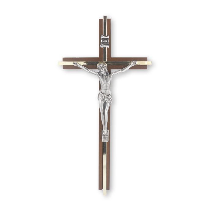 10" Walnut Crucifix with Gold Inlay and Antique Silver Plated Corpus