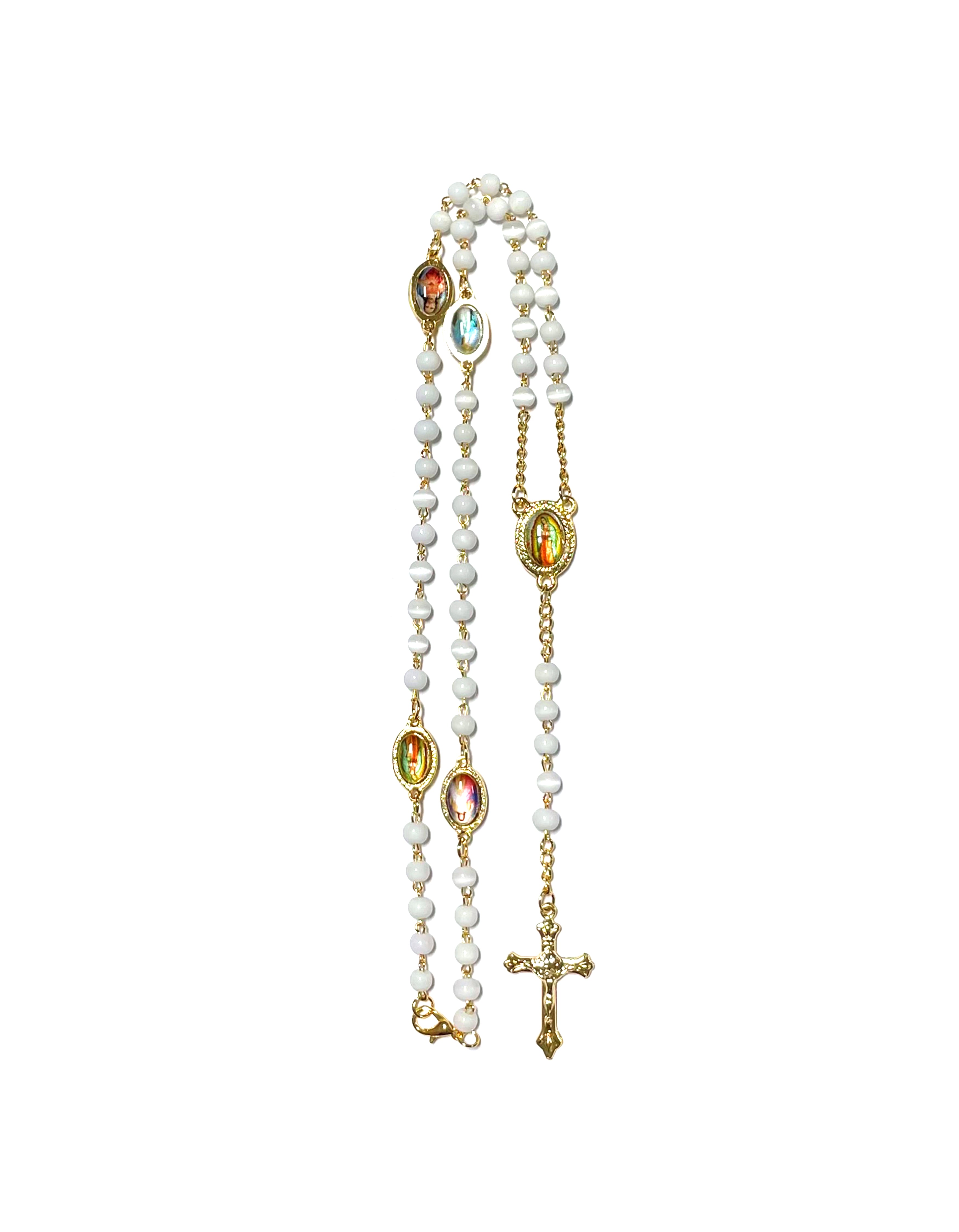 Cat's eye stone rosary with medals of various saints in each mystery