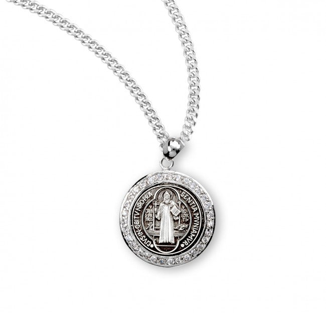 Saint Benedict Round Sterling Silver Medal with Cubic Zircons