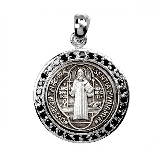 Saint Benedict Round Sterling Silver Medal with Black Cubic Zircons