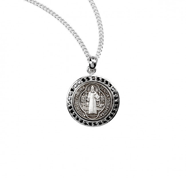 Saint Benedict Round Sterling Silver Medal with Black Cubic Zircons