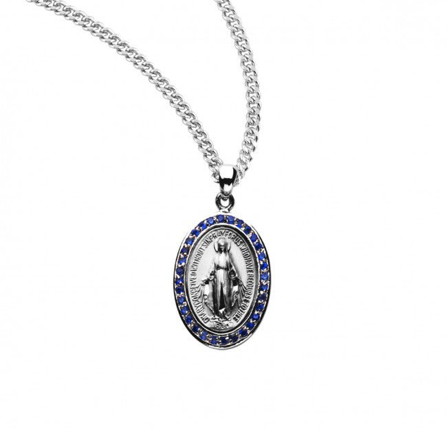 Sterling Silver Sapphire Cubic Zirconia Miraculous Medal