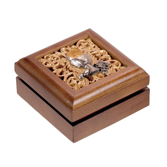 Wooden Hinged Walnut Box W/Pewter With Communion Chalice Inlay