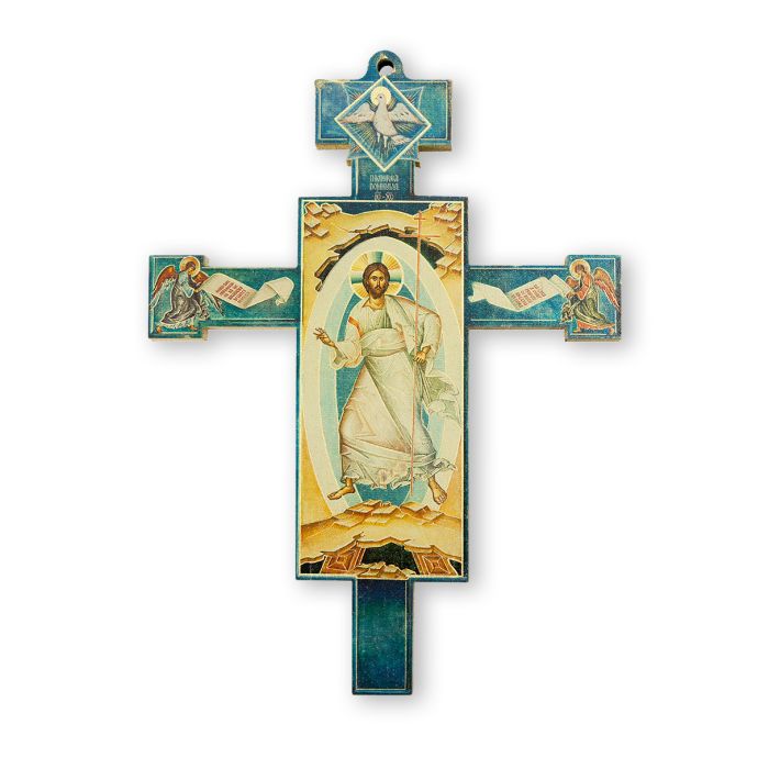 Wooden Byzantine Icon Easter Resurrection Cross with Gold Accents