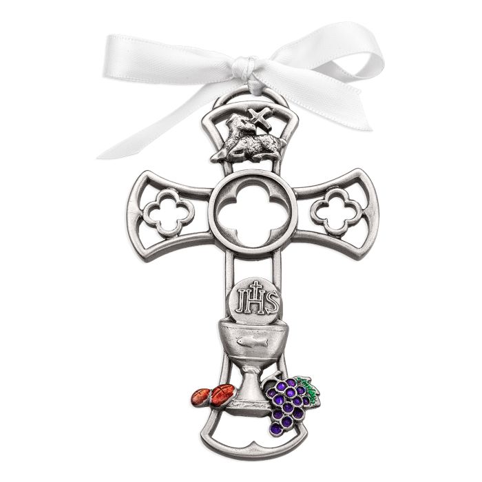 1st Communion Pewter Cross with Epoxy and White Ribbon