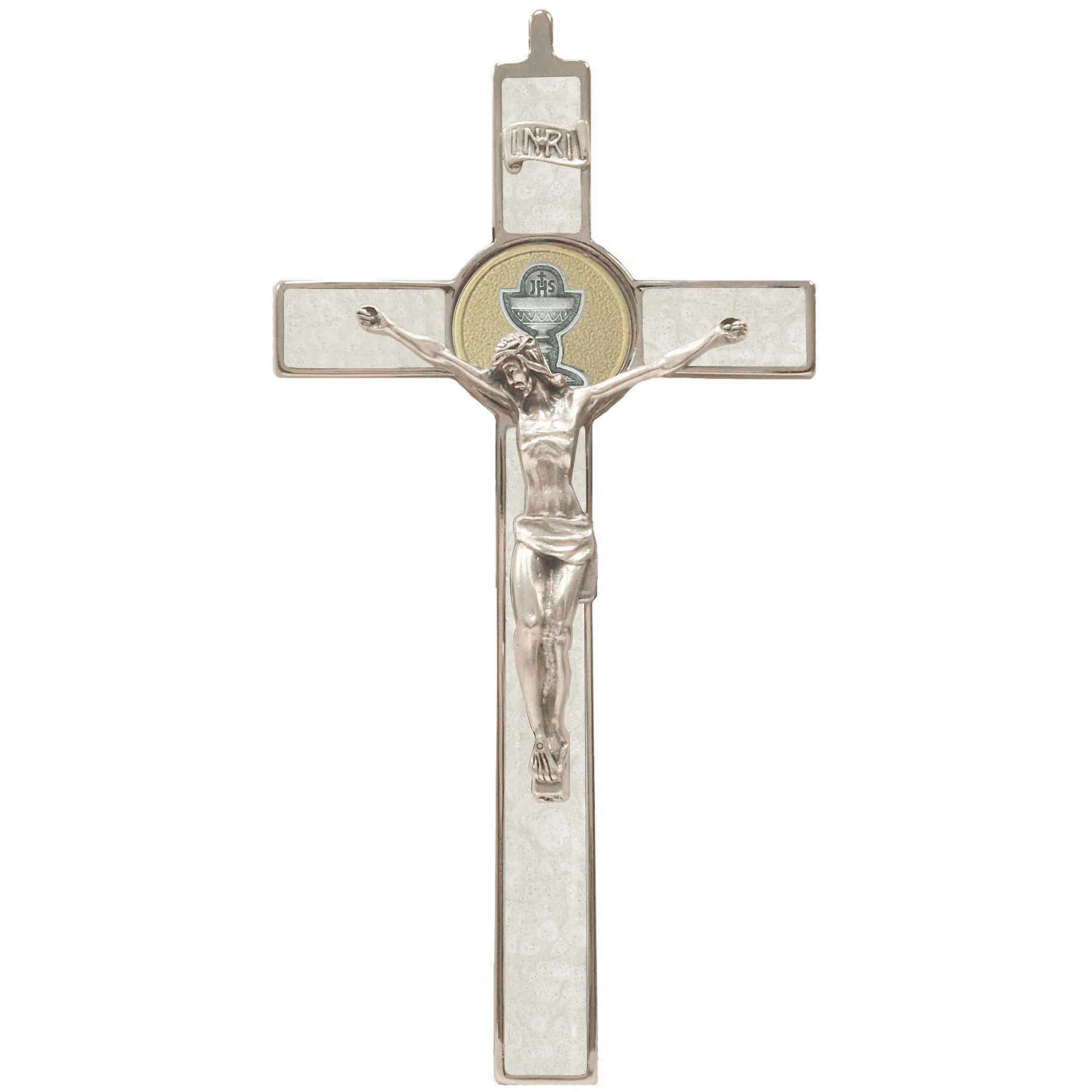 8 inch Premium Silver Tone Mother of Pearl First Communion Wall Cross with Corpus.