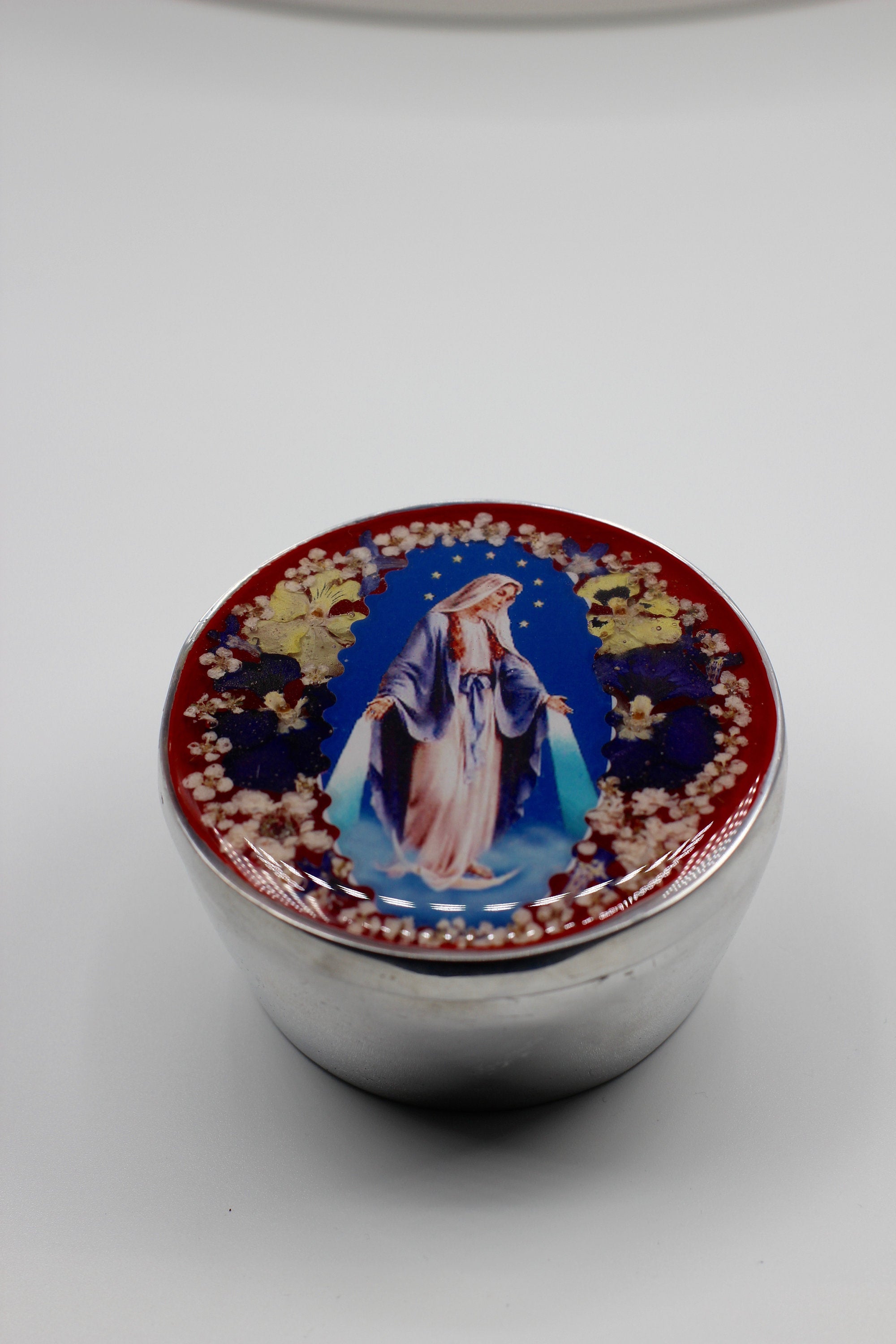 Miraculous Virgin Mary Box - Purple and white Flowers - Guadalupe Collection