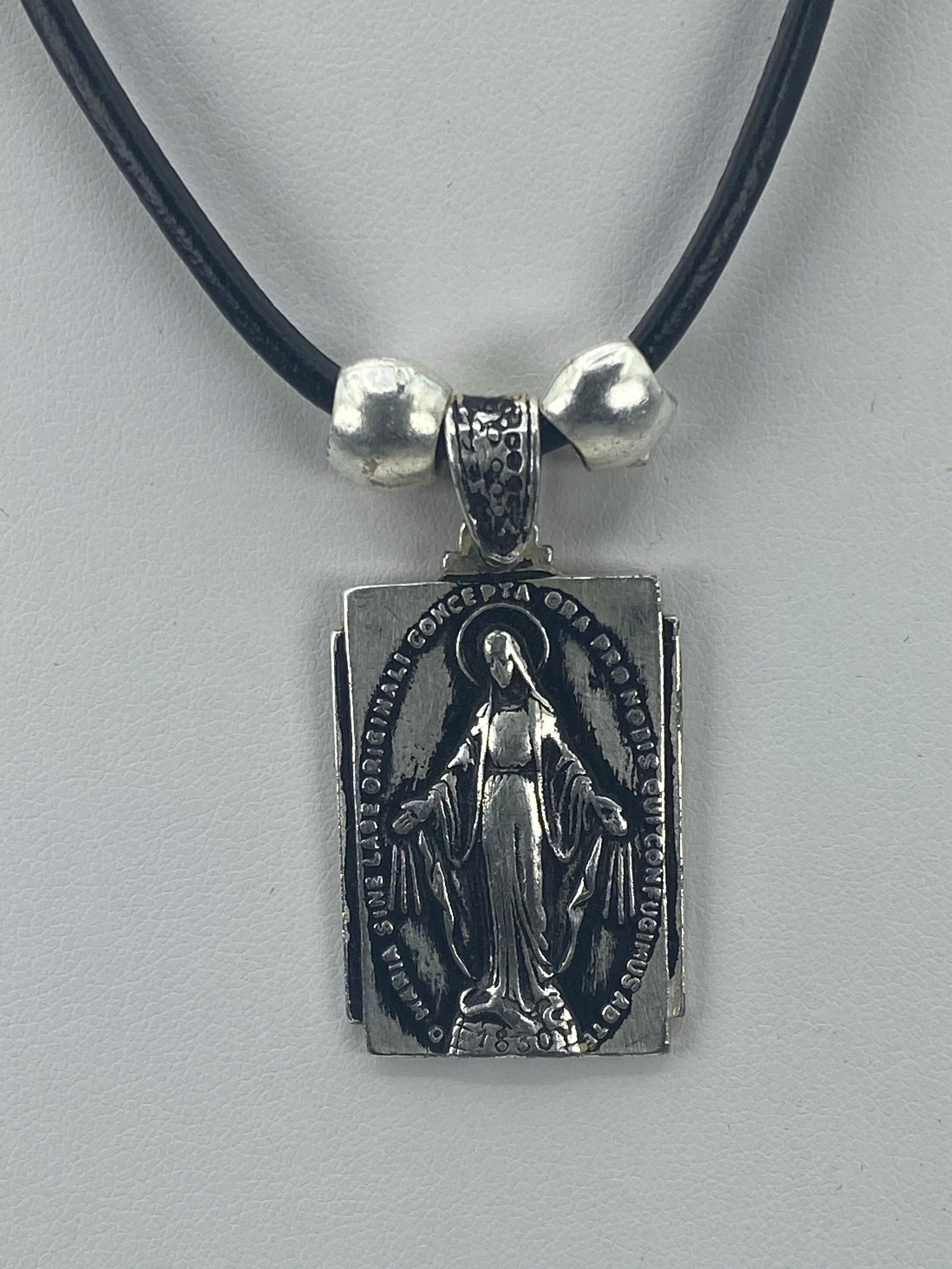 Vintage Necklace Miraculous Virgen Mary Handmade Jewelry with Genuine Leather strap by Graciela's Collection