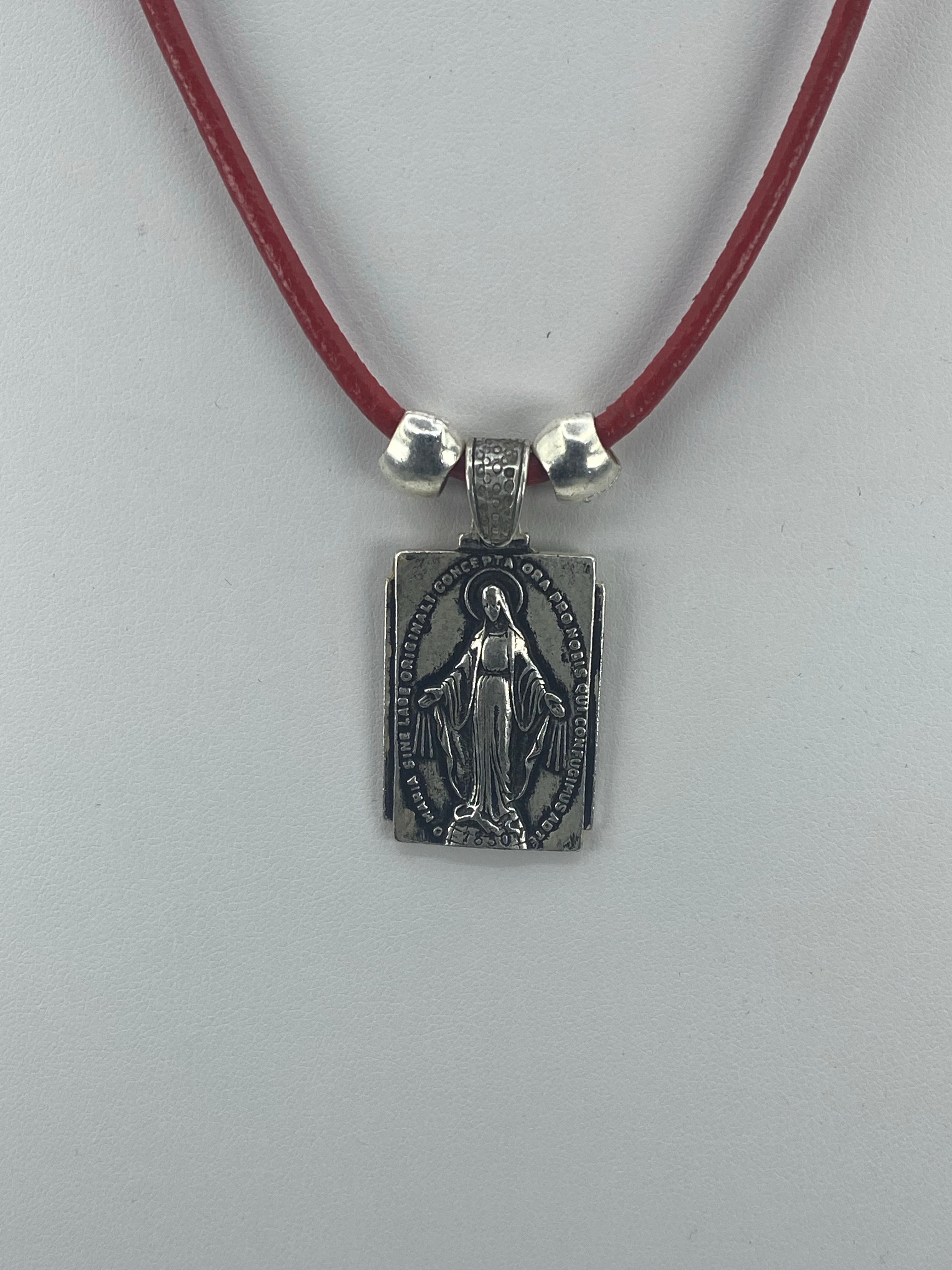 Vintage Necklace Miraculous Virgen Mary Handmade Jewelry with Genuine Leather strap by Graciela's Collection