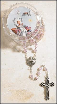 Girl's Pink Baptism Rosary Acrylic/Silver Plate