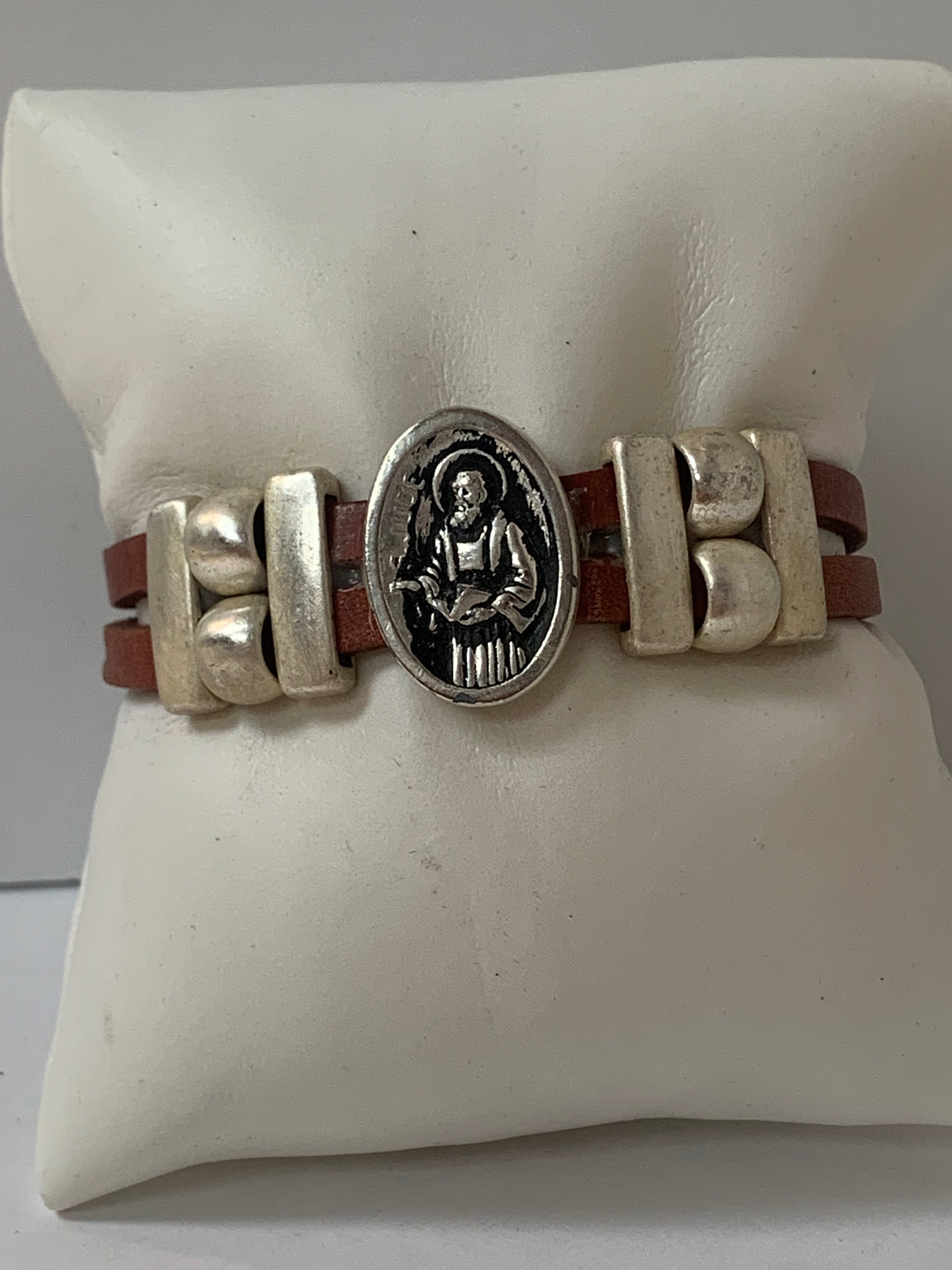 Bracelet of Saint Jude Medal handmade jewelry with Double Leather Straps by Graciela's Collection